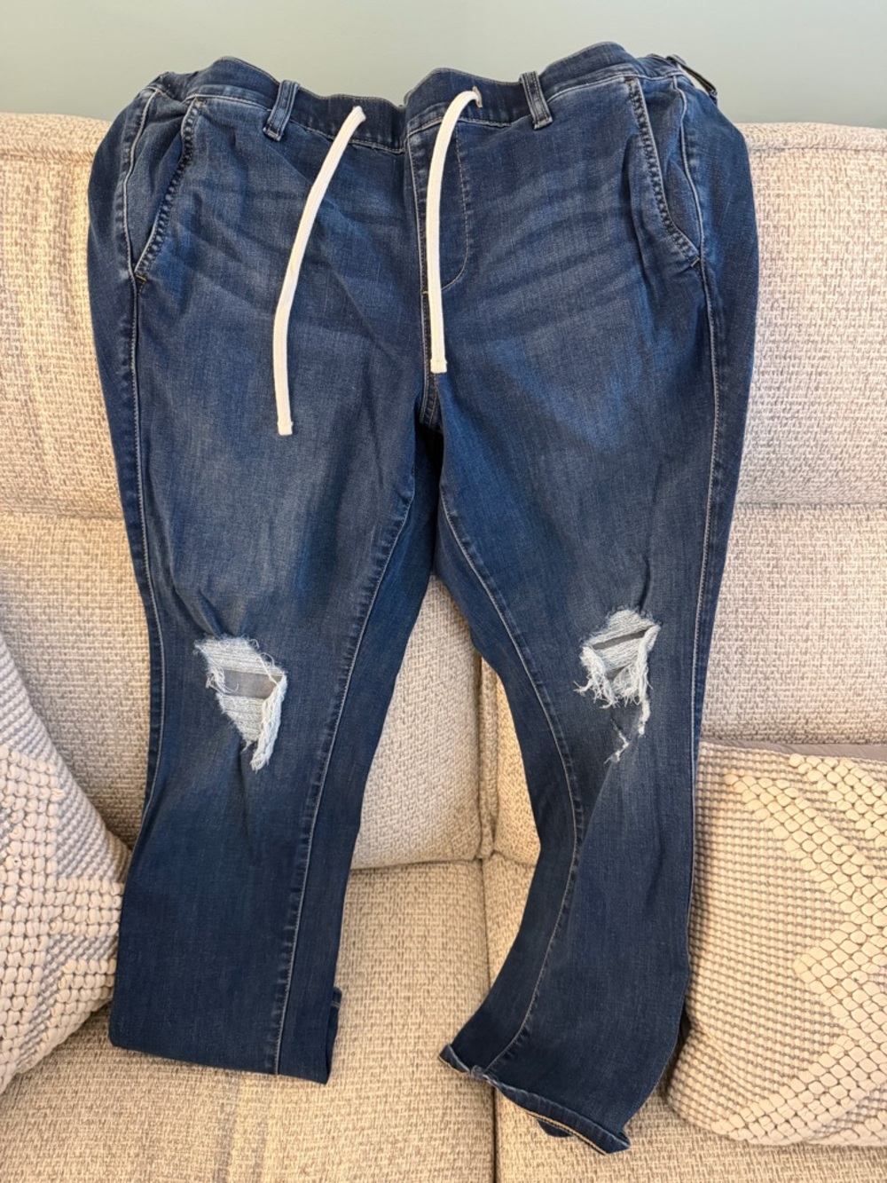 torrid Dark Blue Distressed Boyfriend Jeans with Drawstring 1 Short